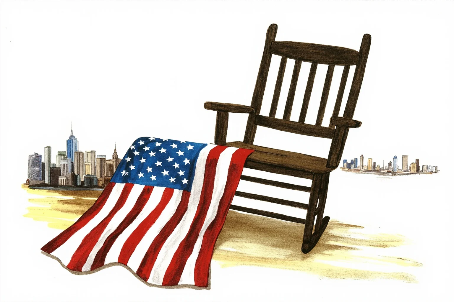 Galileo, Harvard, and 20 Other Unlikely Simultaneous Historical Events 21 An illustration of an old rocking chair and a folded flag beside a faint modern cityscape skyline, symbolizing distant decades meeting