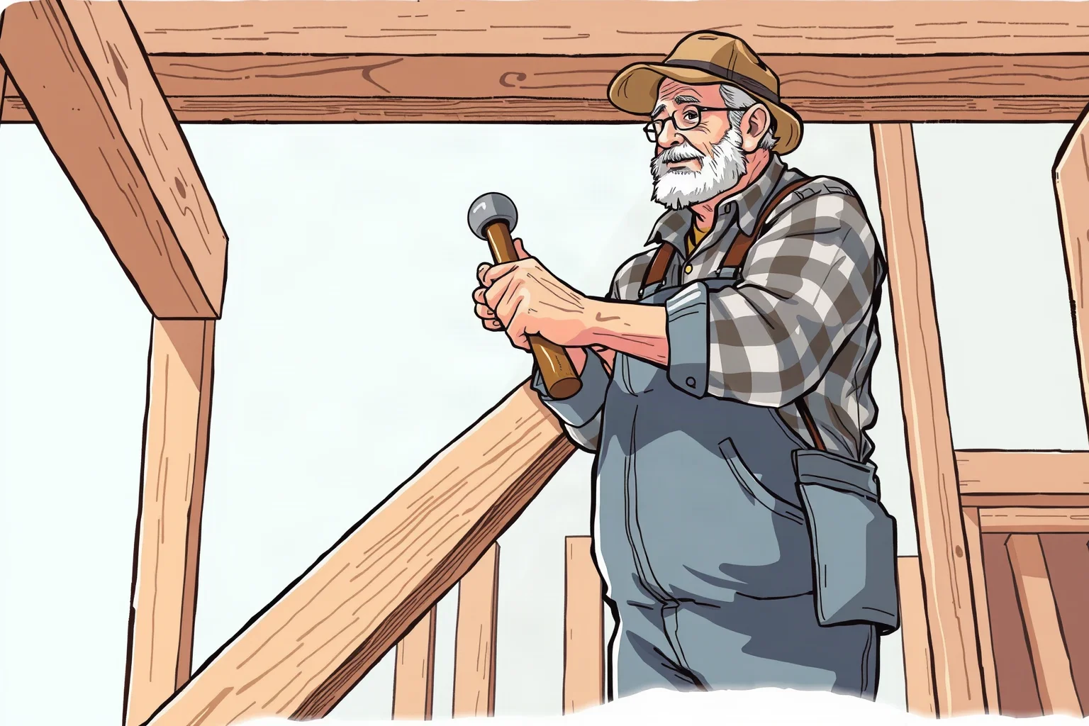 An illustration of an older man in casual work clothes hammering a wooden beam on a house-building site