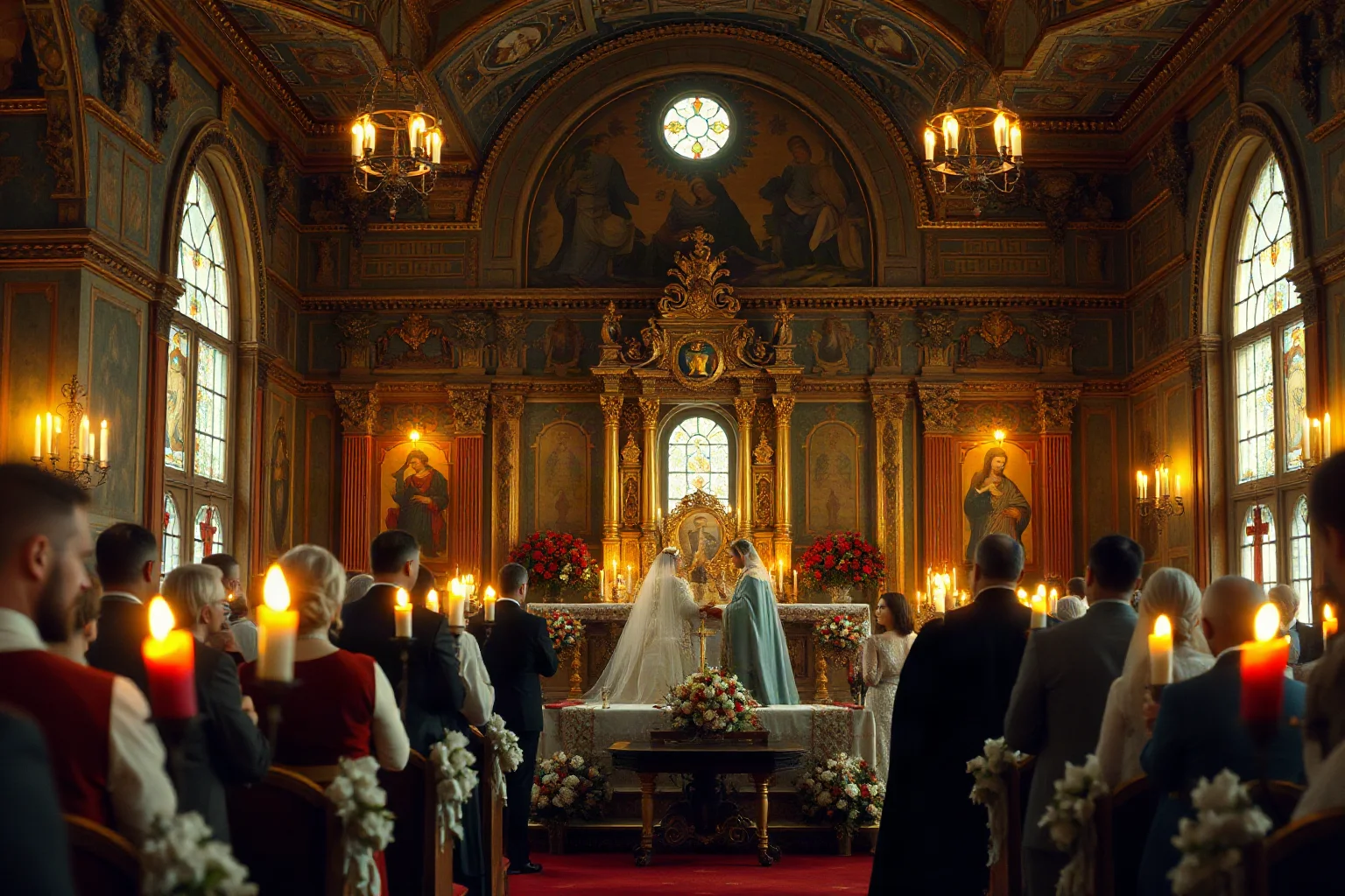 An illustration of an ornate 16th-century Russian wedding ceremony inside a candle-lit Orthodox church
