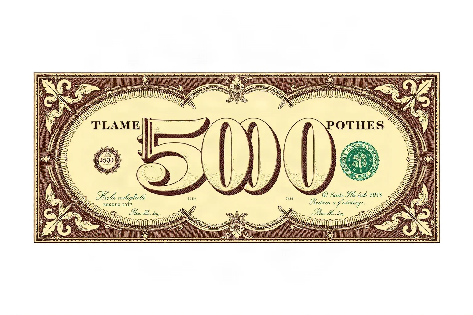 An illustration of an ornate antique $500 bill design with decorative border patterns, clearly stylized and non-photographic