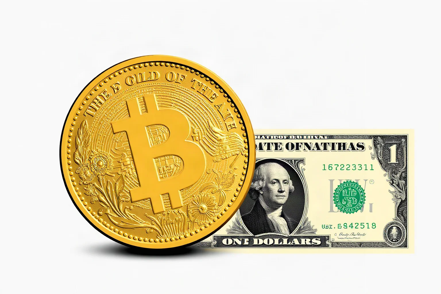 An illustration of an ornate gold coin and dollar bill design representing the late 1800s gold standard debate