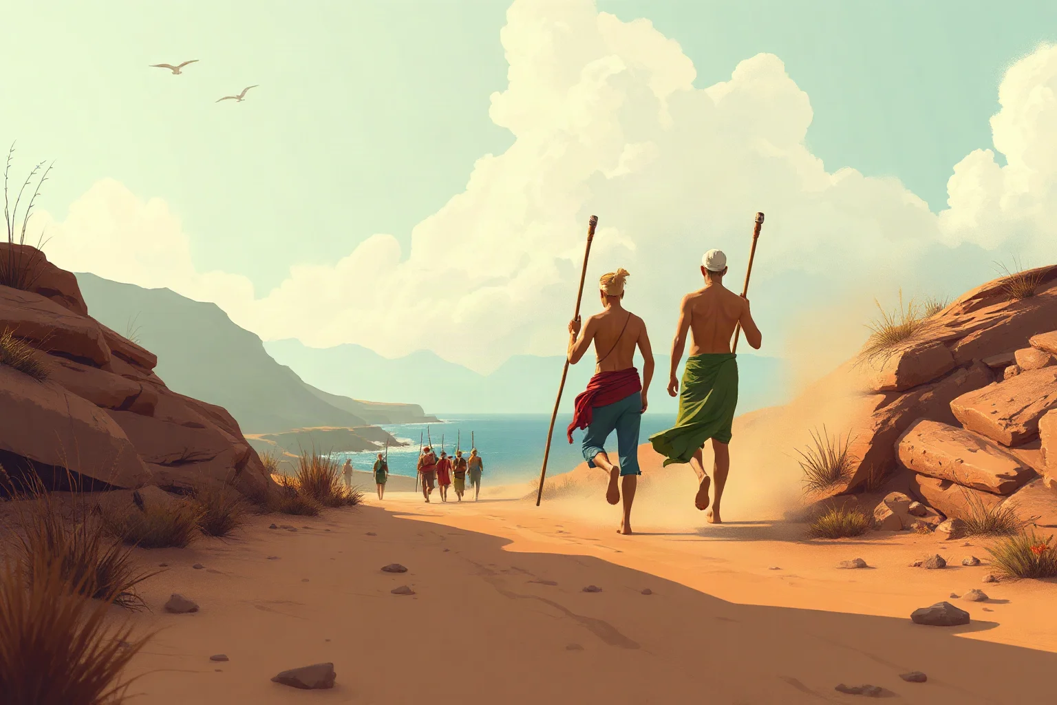 An illustration of barefoot marchers walking a dusty coastal road carrying simple walking sticks