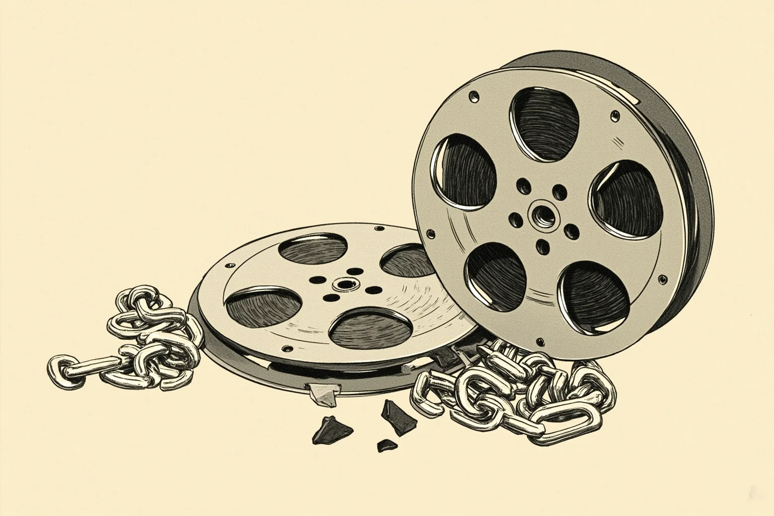Galileo, Harvard, and 20 Other Unlikely Simultaneous Historical Events 11 An illustration of broken chains resting beside an old film reel, symbolizing two very different 1981 milestones
