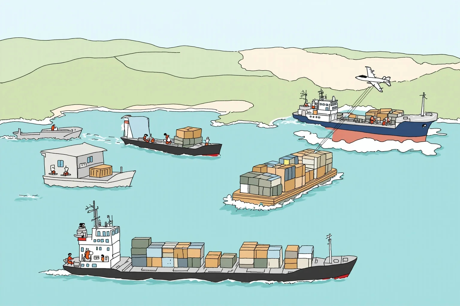 An illustration of cargo ships and aircraft delivering humanitarian relief supplies to a coastal region