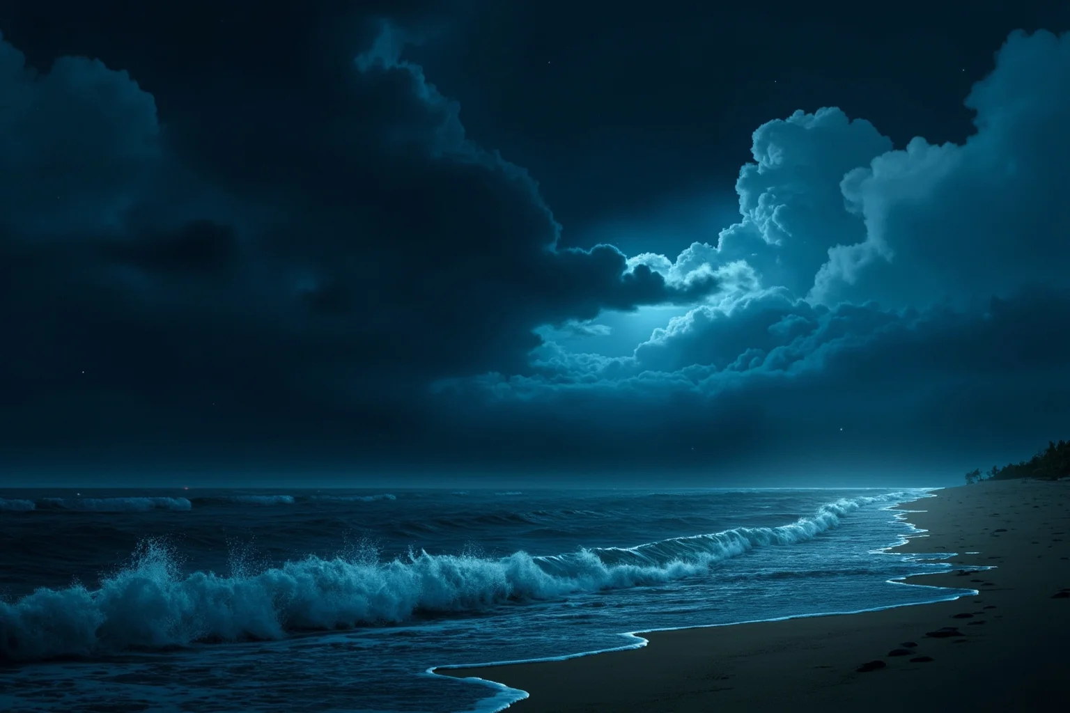 An illustration of dark storm clouds and rising sea water approaching a flat coastal shoreline at night