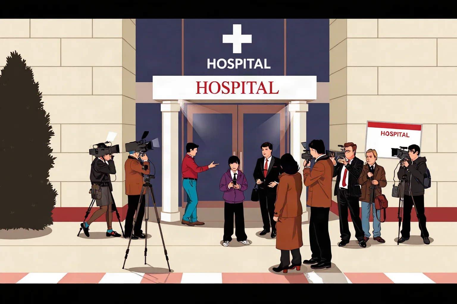 An illustration of flashing press cameras and reporters outside a hospital entrance, 1980s style