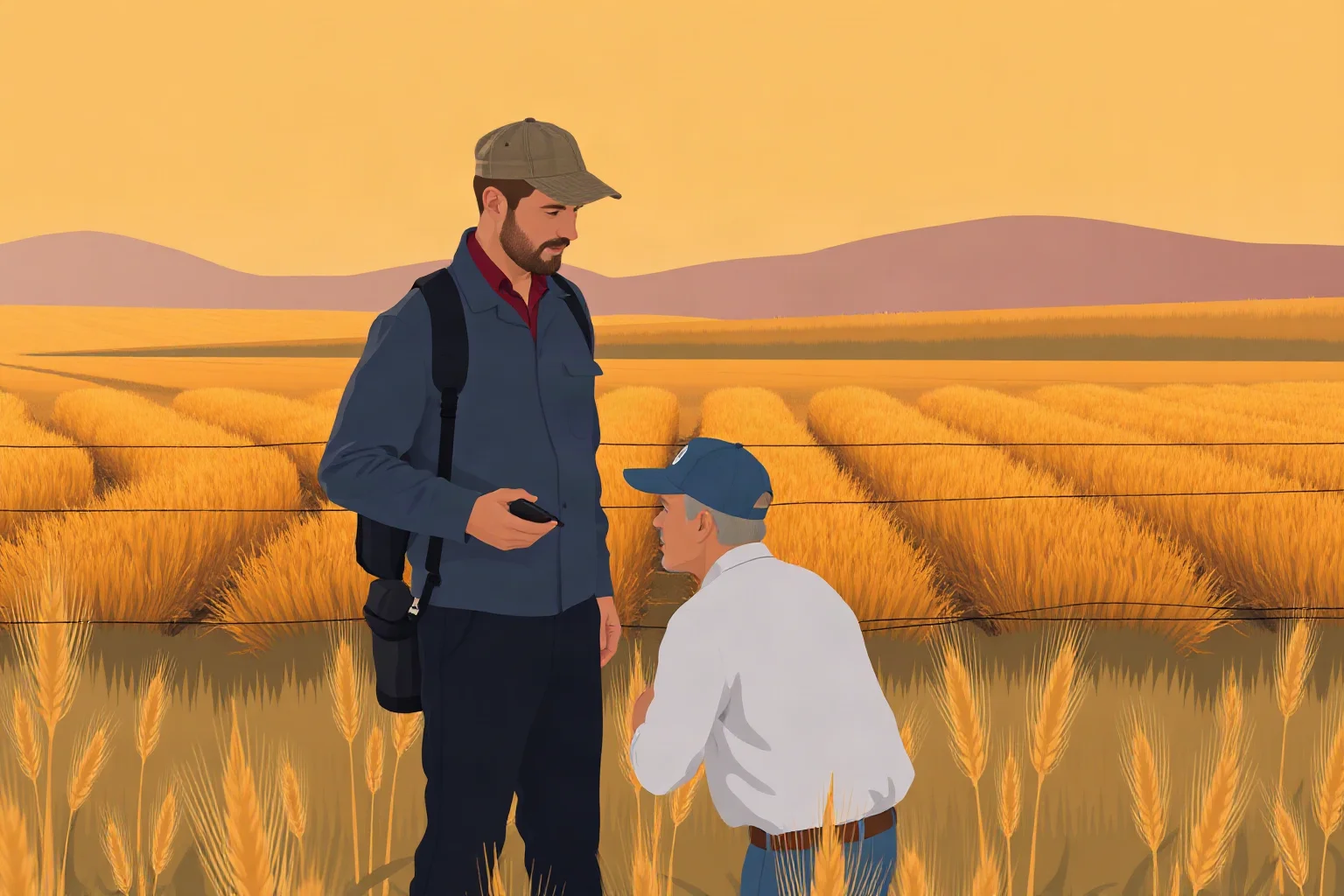 An illustration of golden wheat fields stretching to the horizon with a researcher examining crops