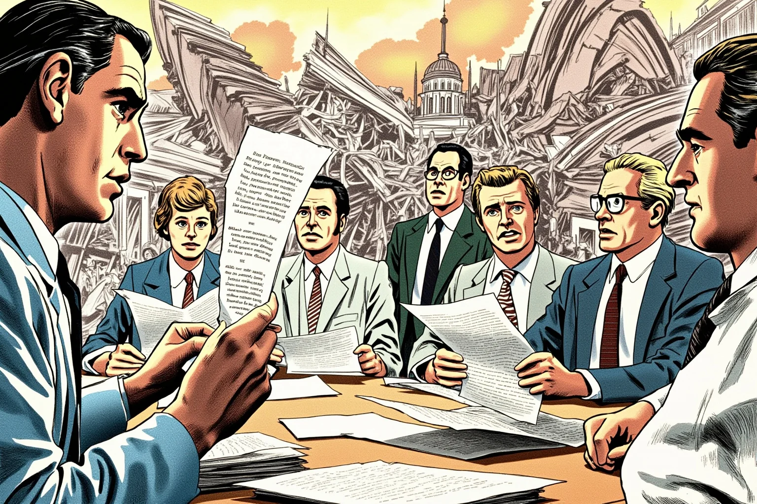 An illustration of government officials in a 1970s meeting room reviewing disaster reports with tense expressions