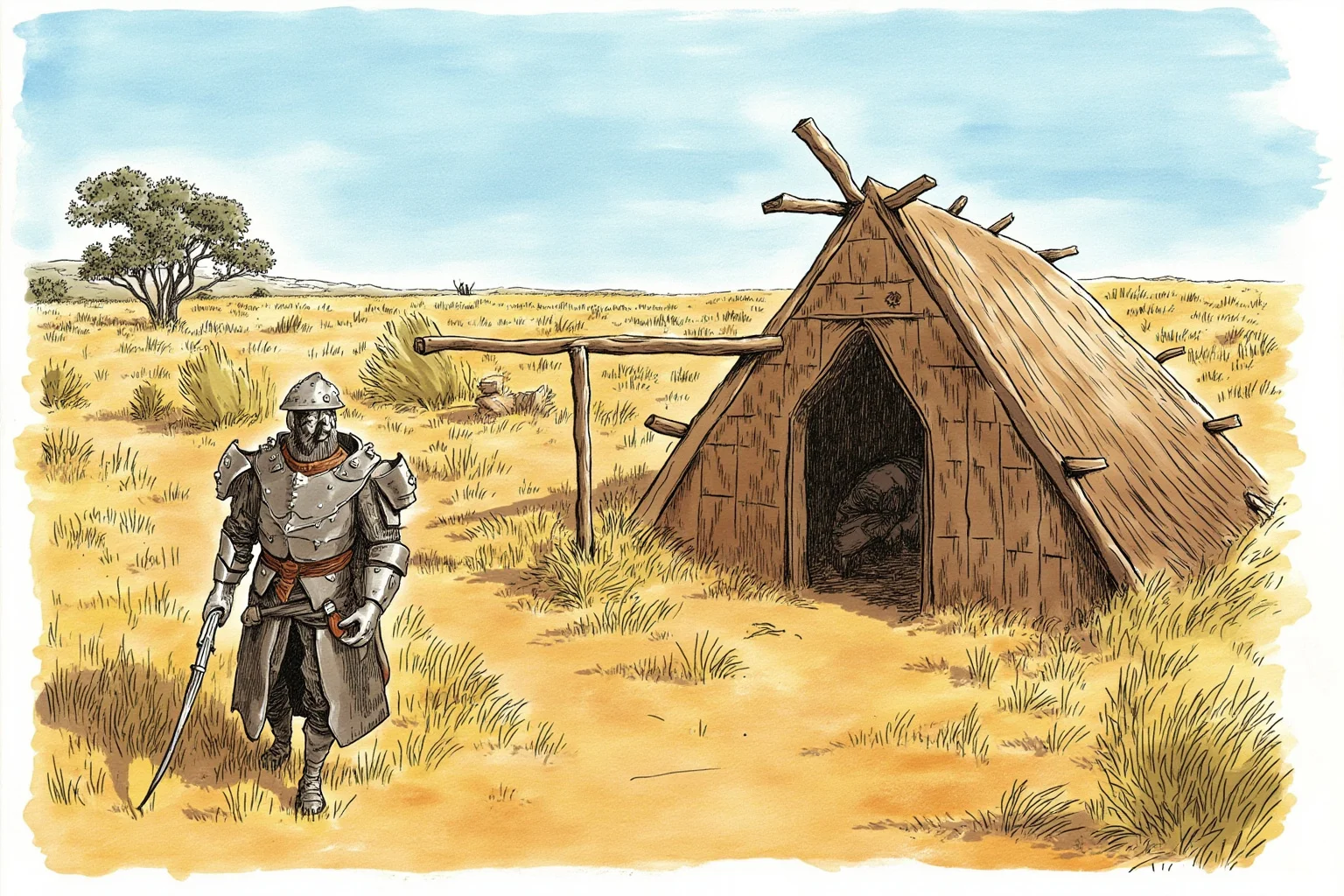 An illustration of homemade metal armor and a bushranger's hideout in the Australian outback