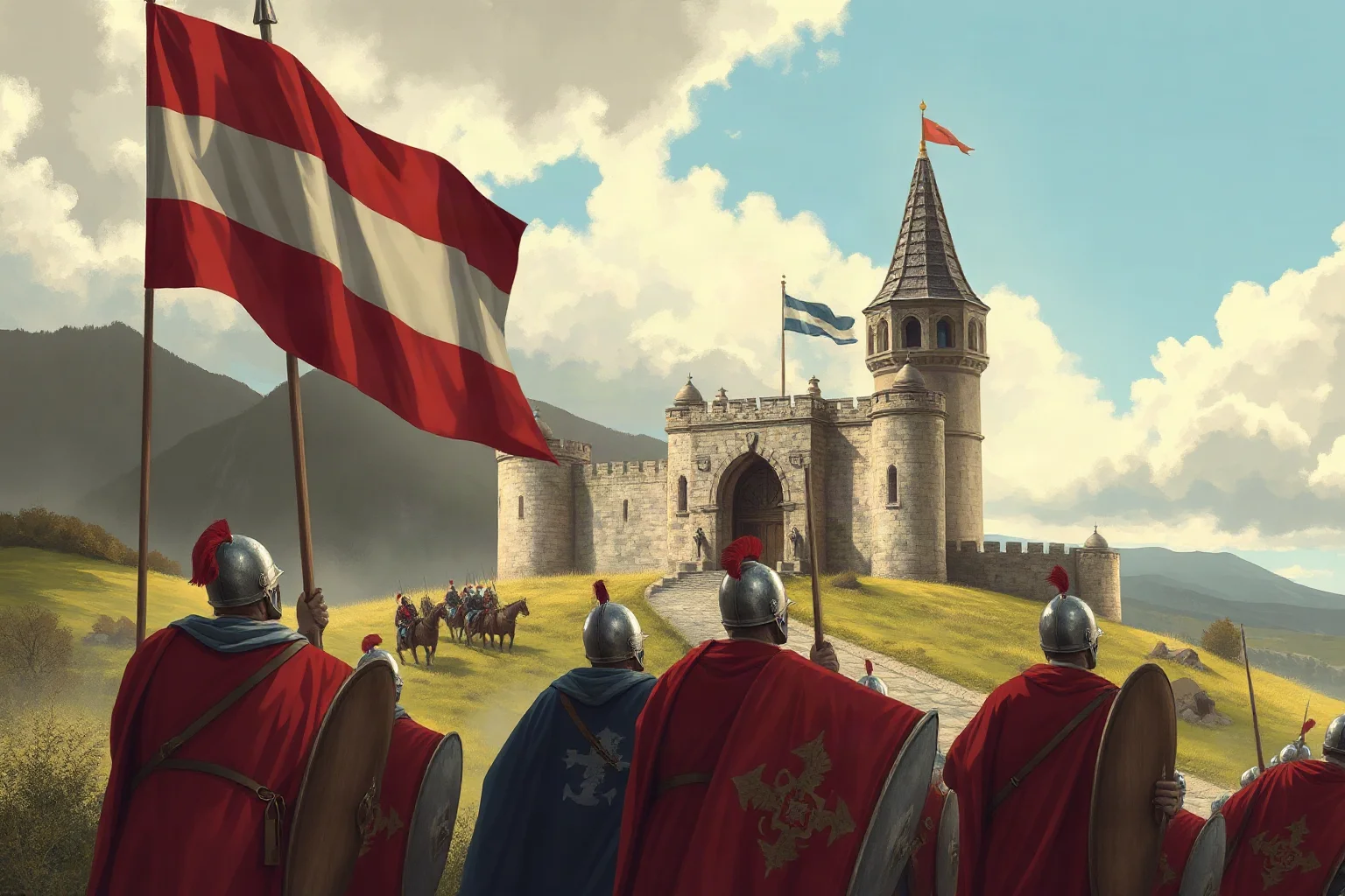 An illustration of medieval Russian soldiers marching toward a walled fortress city under a banner, representing territorial conquest