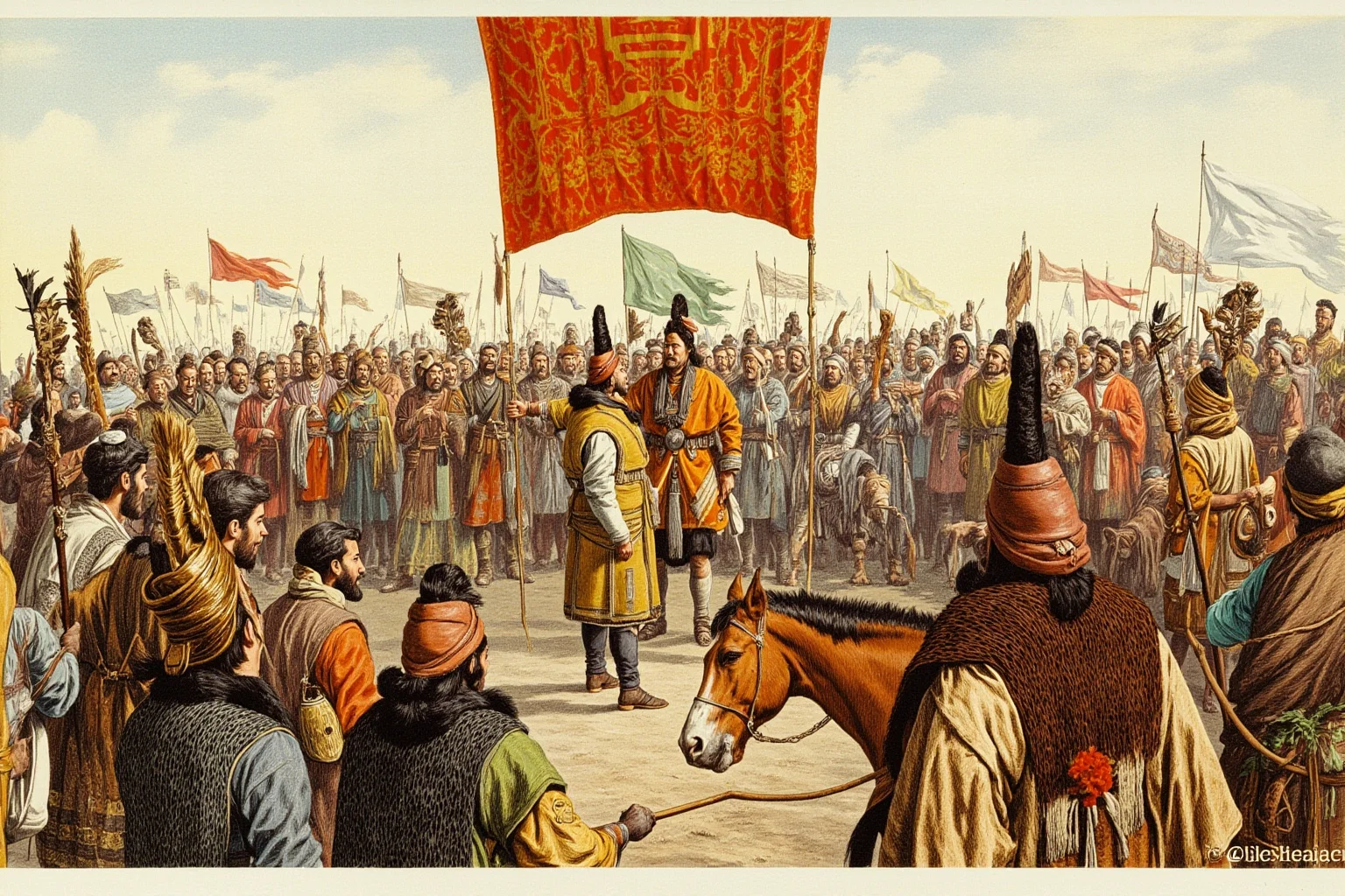 25 Little-Known Facts About Genghis Khan, the Brutal Ruler 6 An illustration of Mongol tribal chieftains gathering around a ceremonial banner, unifying under one leader