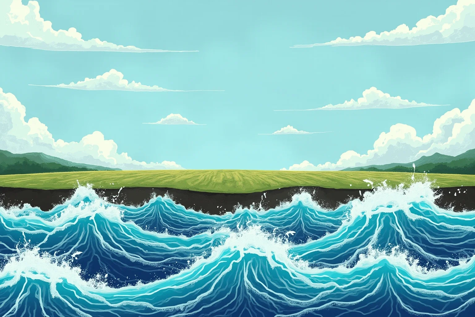 An illustration of ocean waves surging over flat farmland, emphasizing water rather than wind as the danger