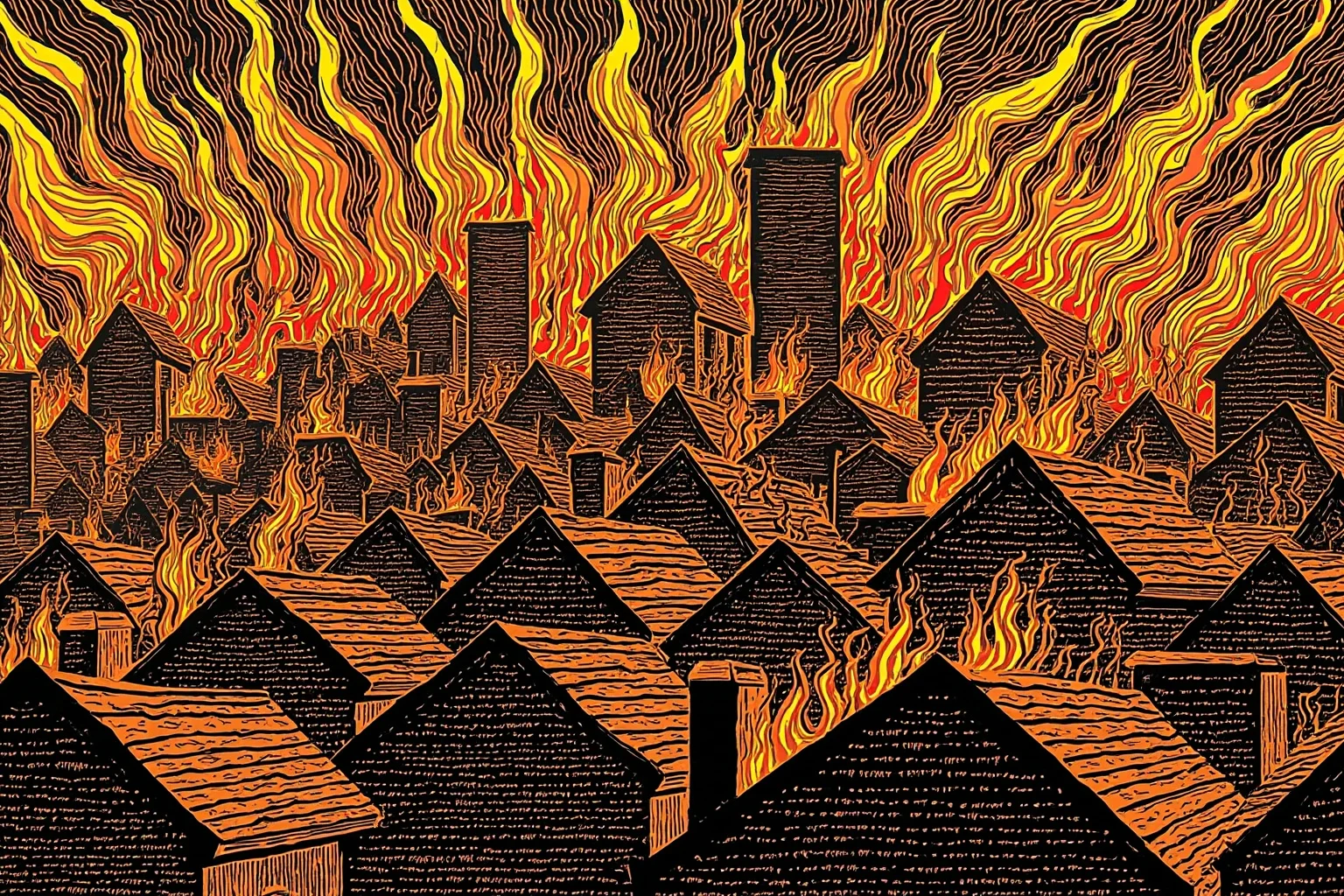 26 Facts About Nostradamus and His Predictions 16 An illustration of old London rooftops engulfed in stylized flames, historical woodcut style