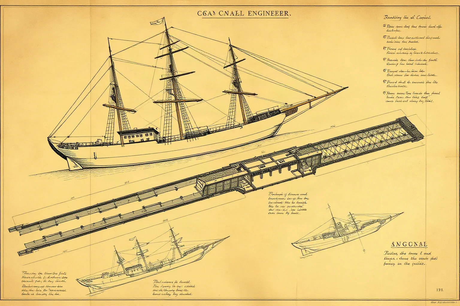 An illustration of old ship and canal engineering plans representing a 19th-century canal project