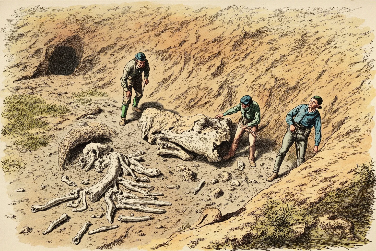 Famous Dragons Throughout History: Myths, Legends, and the Real Stories Behind Them 23 An illustration of paleontologists uncovering giant fossilized bones in a rocky excavation site