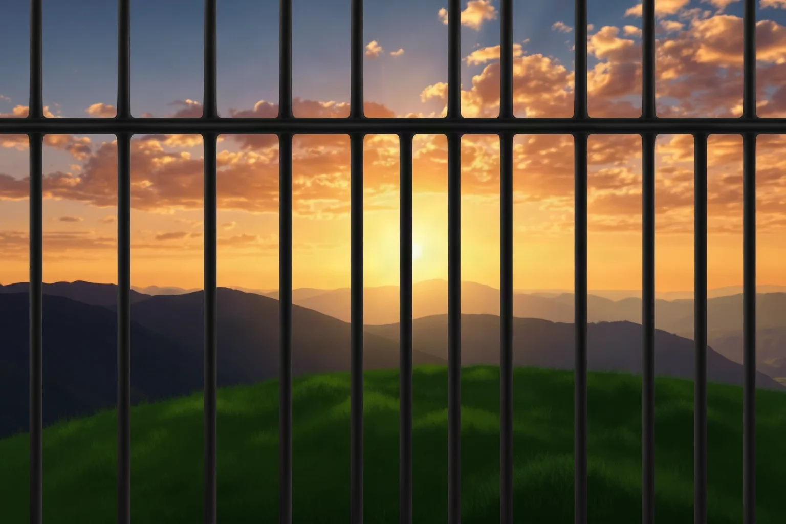 An illustration of prison bars overlaid with a sunrise breaking over distant hills, symbolizing hope after long confinement