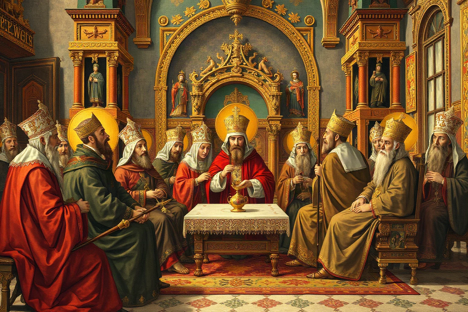 An illustration of Russian Orthodox clergy in an ornate cathedral council meeting during the 16th century