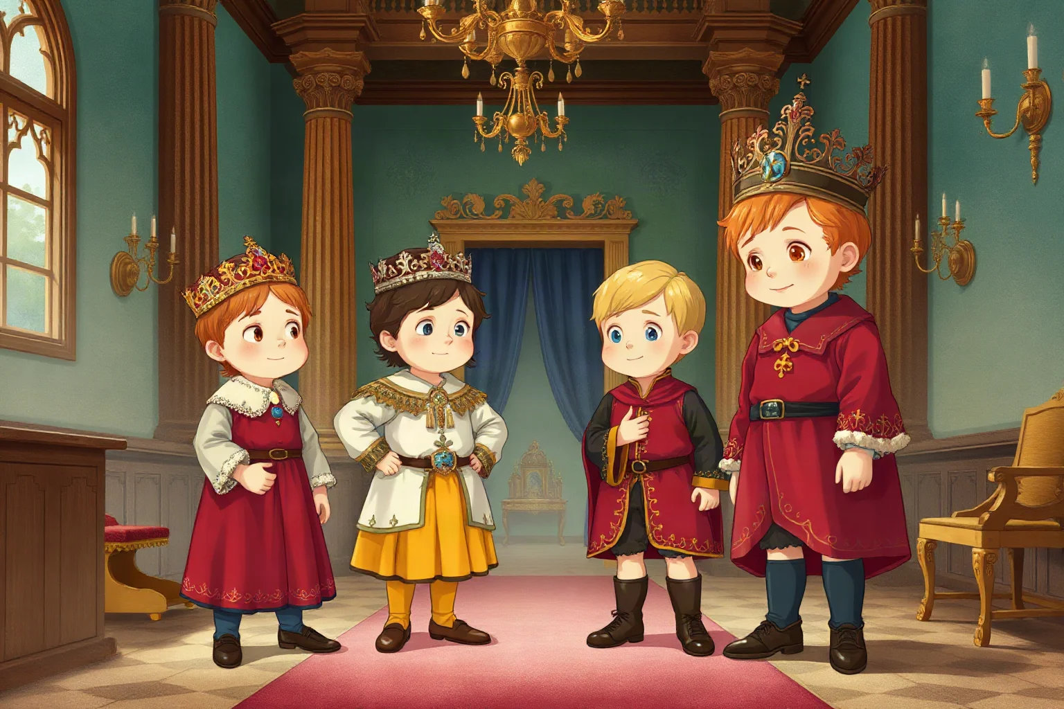 An illustration of several small children in royal medieval Russian clothing standing solemnly in a palace hall