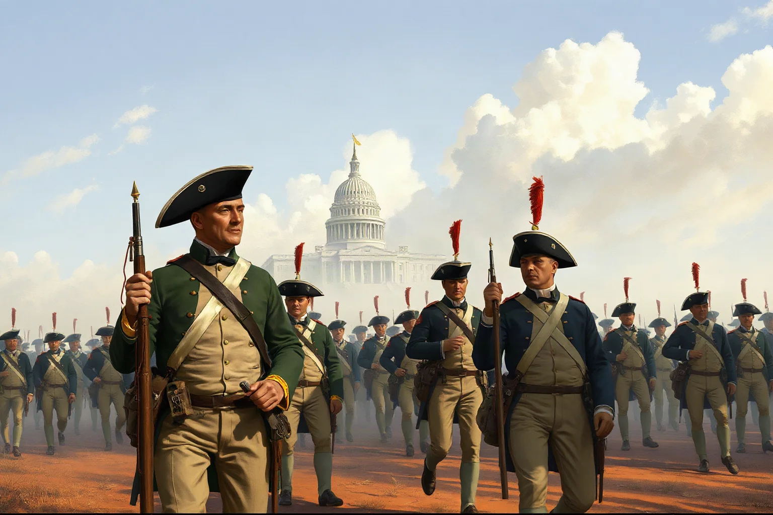 An illustration of soldiers in early 1800s military uniforms marching into a small, half-finished capital city with government buildings in the background