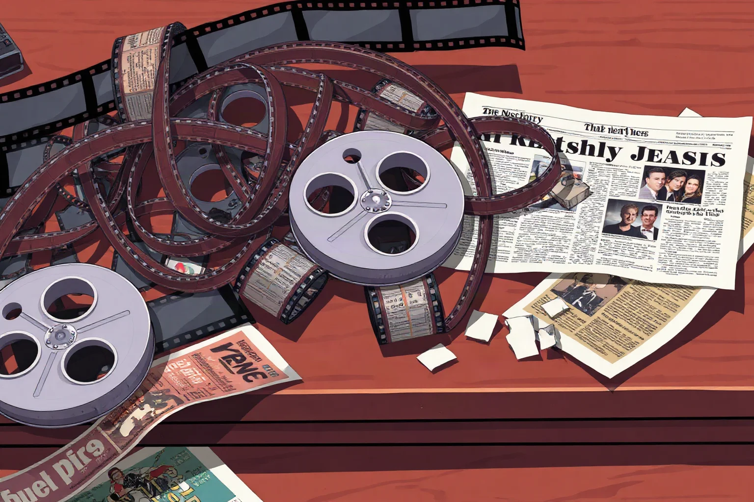 An illustration of tangled old film reels and torn tabloid newspaper clippings scattered on a table