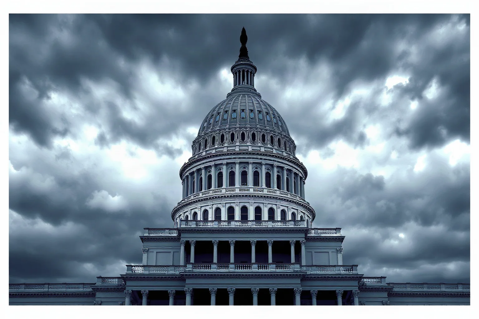 An illustration of the U.S. Capitol building dome under a dramatic overcast sky, symbolic and non-graphic political event illustration.