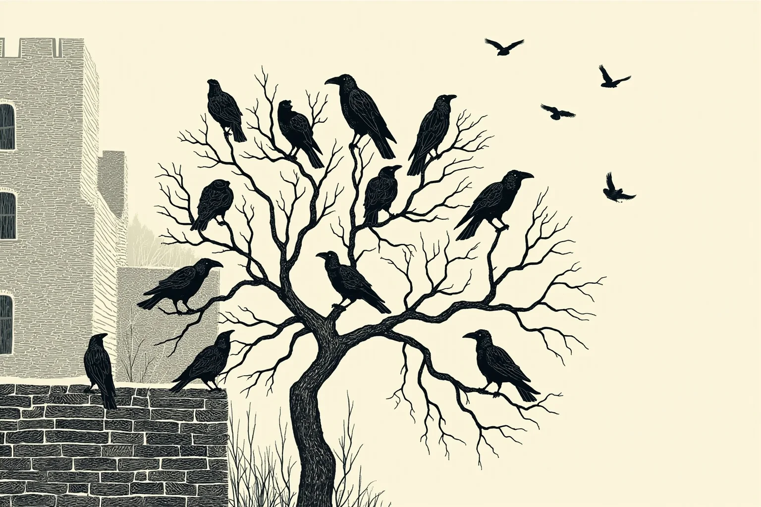 Grim Childhoods Indeed: The 20 Darkest Brothers Grimm Fairy Tales 11 An illustration of twelve black ravens perched in a bare winter tree outside a stone castle