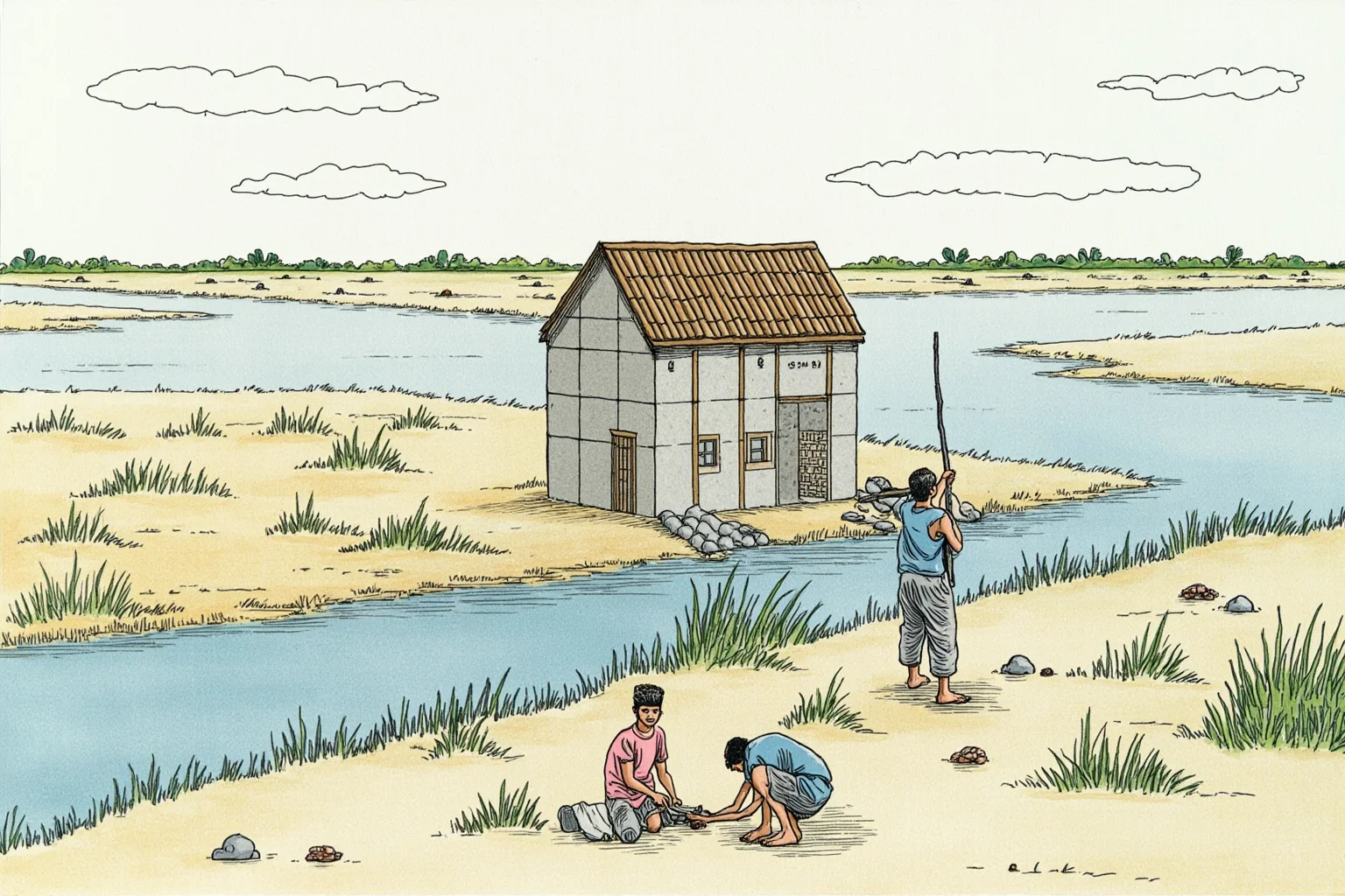 An illustration of villagers building a raised concrete shelter structure on a coastal floodplain