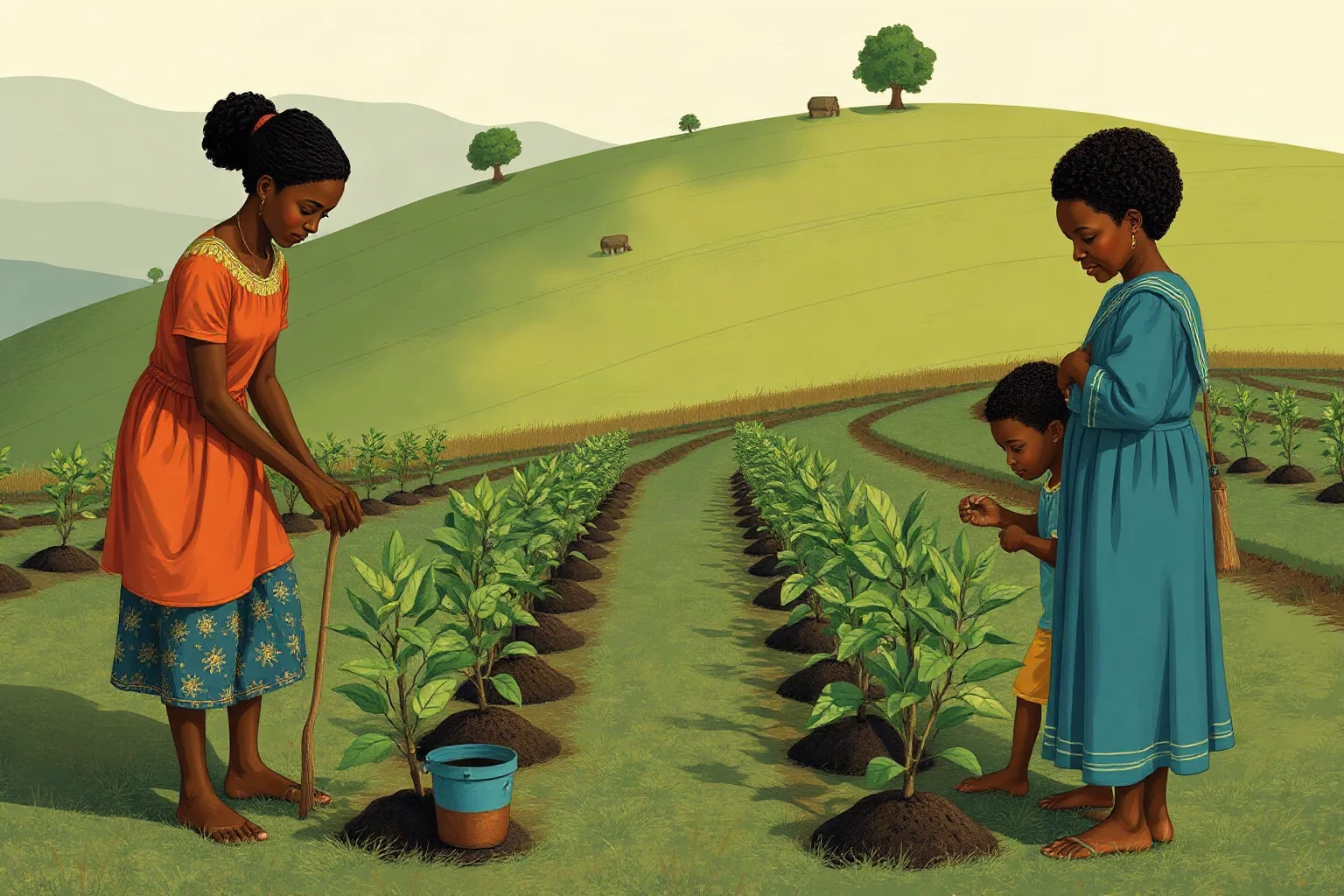 An illustration of women and children planting rows of young trees on a green African hillside