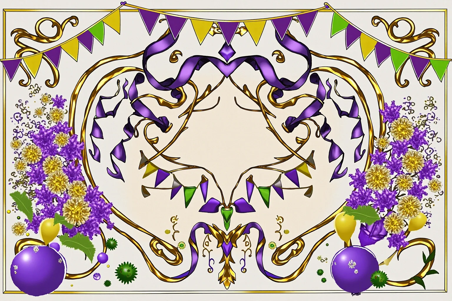 Mardi Gras Krewes: How Parades Turned Into Power And Pop Culture 9 An illustration showing purple, green, and gold ribbons and banners in a festive Carnival arrangement