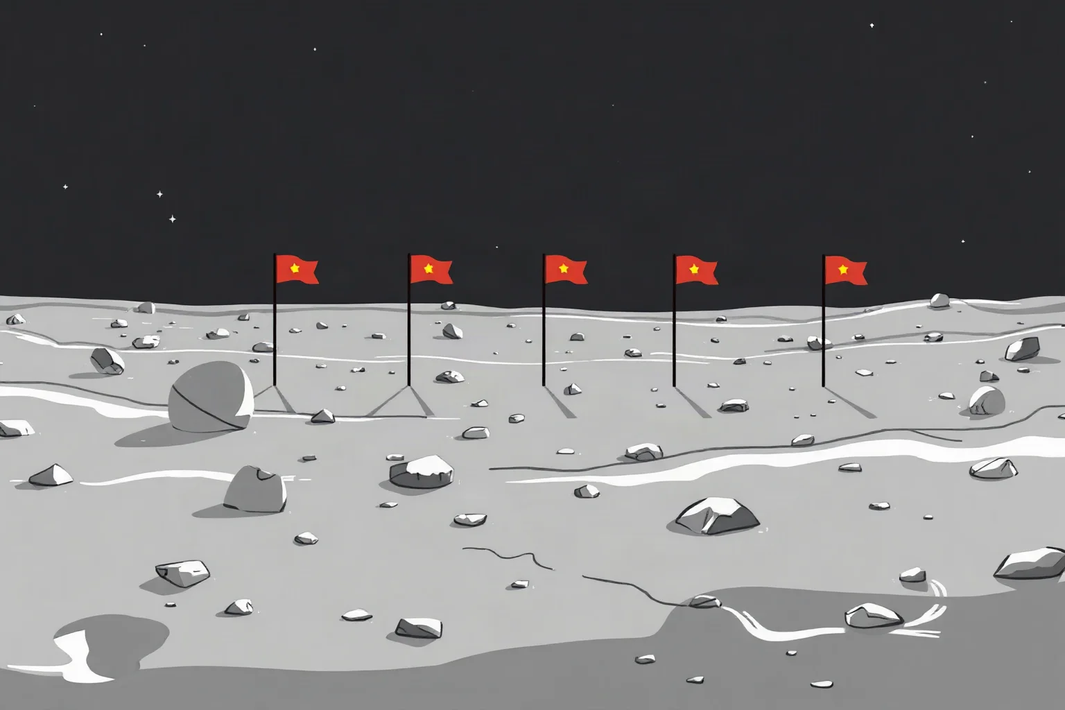 An illustration showing six small flags planted across a wide grey lunar landscape, representing multiple missions