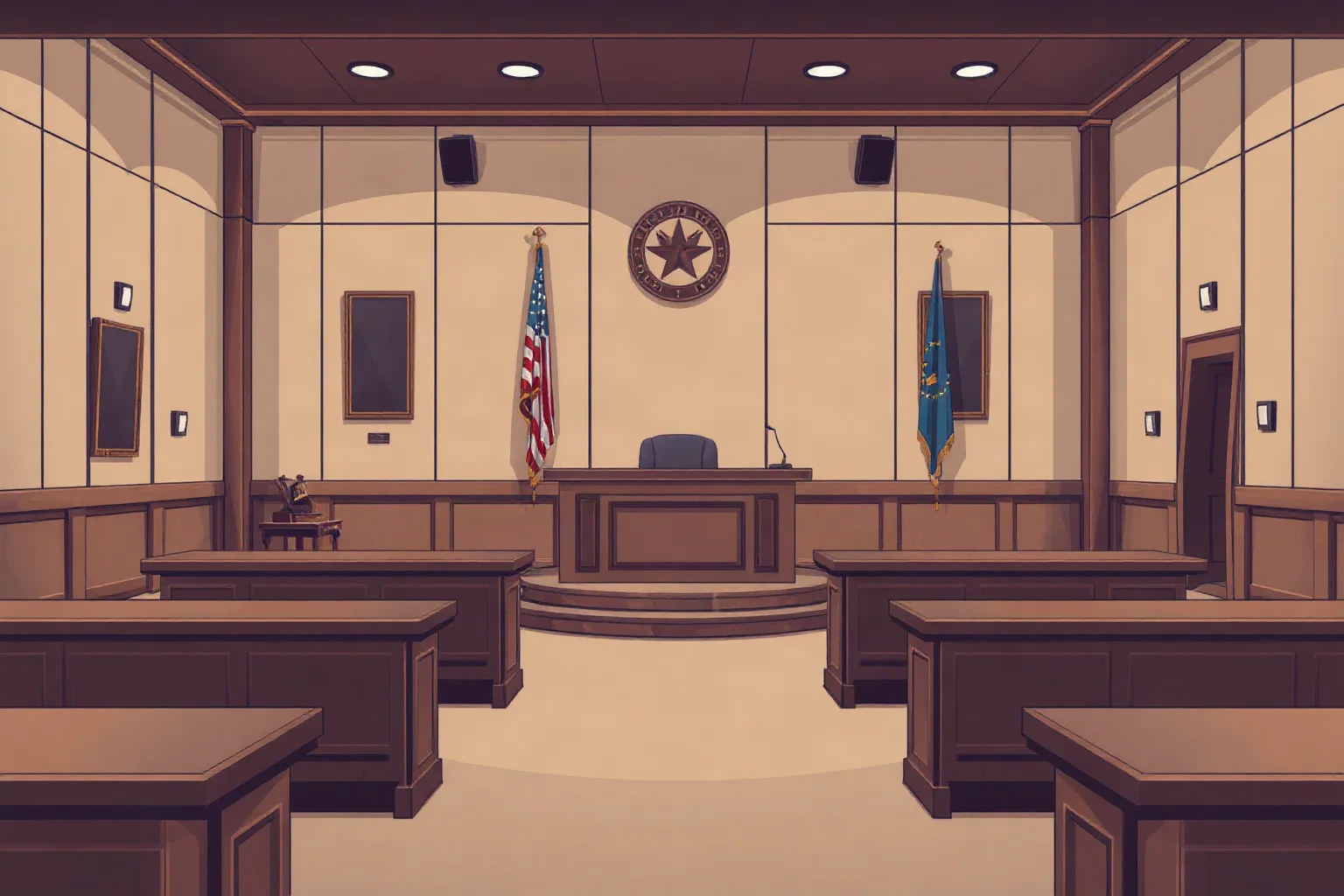 An imposing courtroom with a raised judge's bench and somber wooden benches, empty, illustration