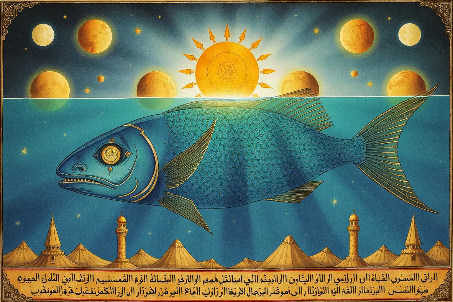 An impossibly vast mythical fish beneath layered cosmic structures, illustrated in medieval Islamic manuscript style