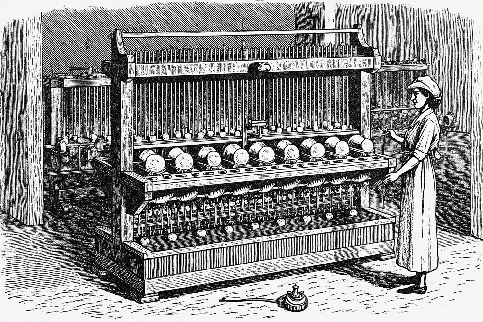 An improved spinning mule machine with rows of spindles in a dim textile mill, illustration style