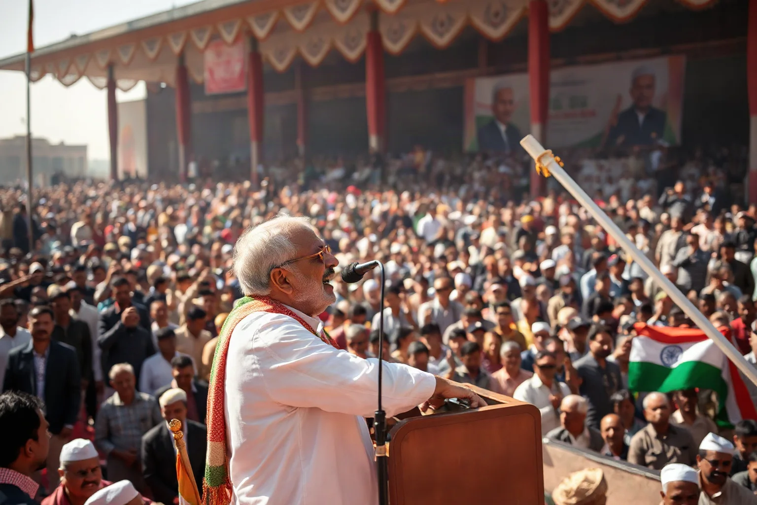 An Indian independence leader addressing a massive outdoor crowd under bright sunlight