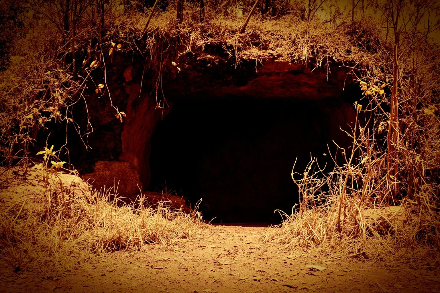 An Indian jungle cave entrance surrounded by dry grass and forest, warm sepia tones