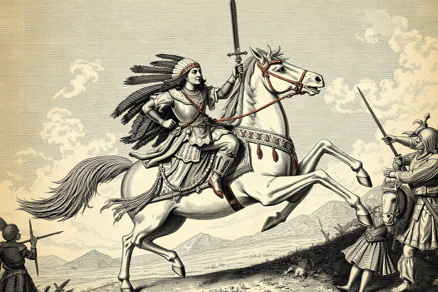 An Indian queen in ornate armor riding a horse into battle holding a sword, 19th-century historical illustration