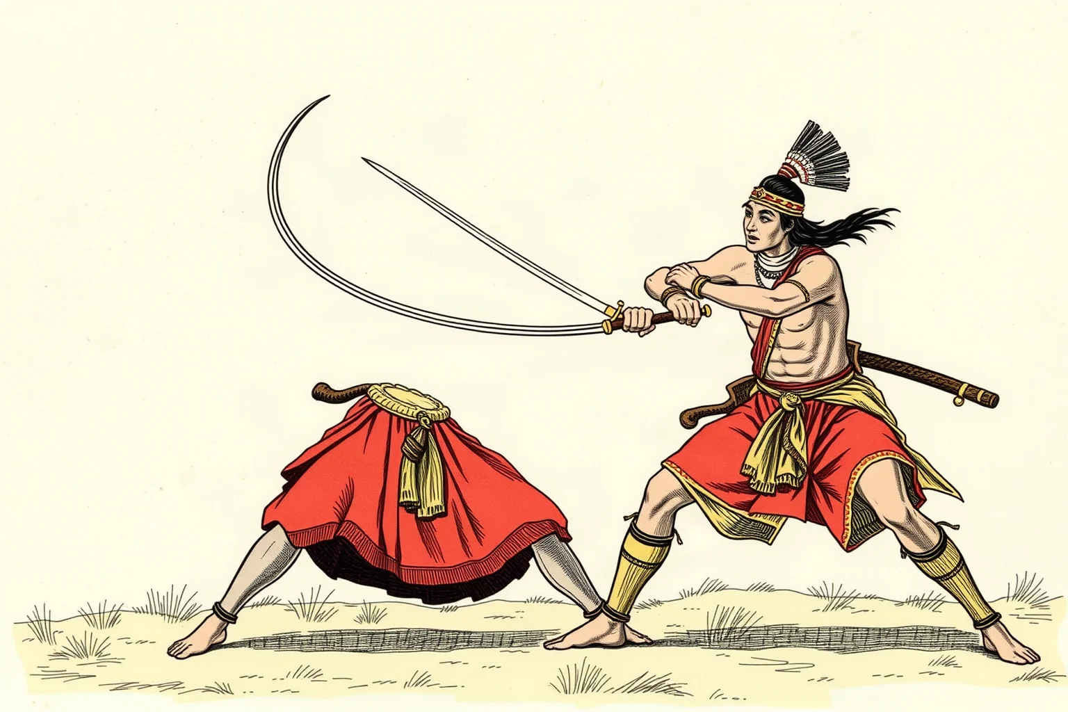 An Indian warrior demonstrating a flexible whip-like urumi sword mid-swing, historical illustration