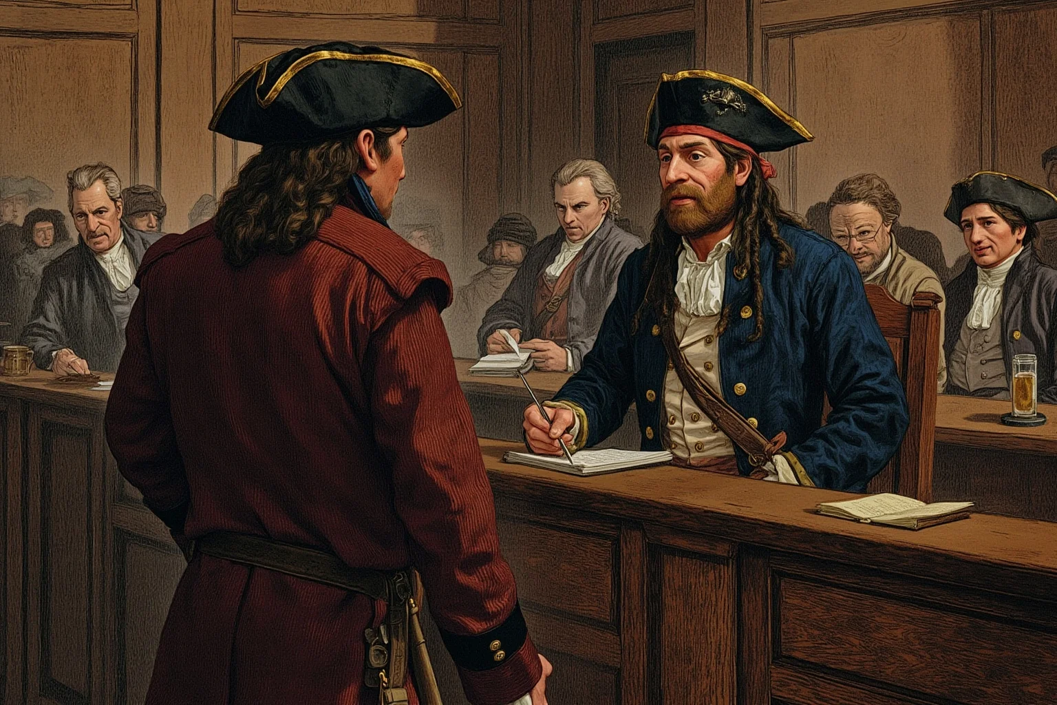 An injured pirate quartermaster being questioned by colonial officials in a wood-paneled courtroom, historical illustration style