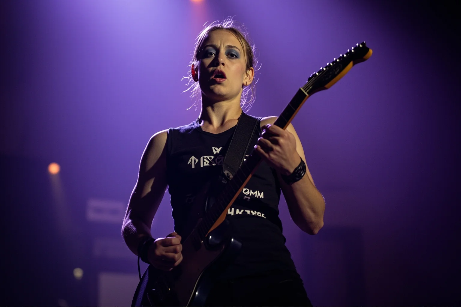An instrumental rock guitarist using a whammy bar technique, expressive facial concentration, moody stage lighting