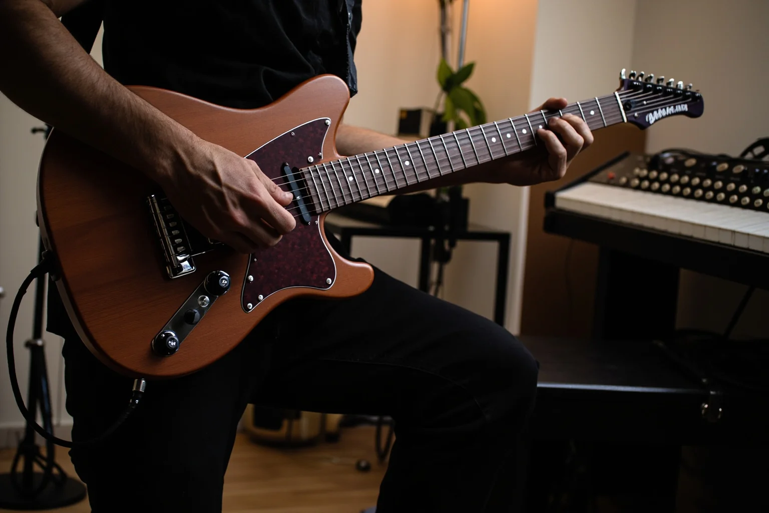 An instrumental virtuoso guitarist demonstrating fast technical playing in a home studio setting, guitar cables and amps visible