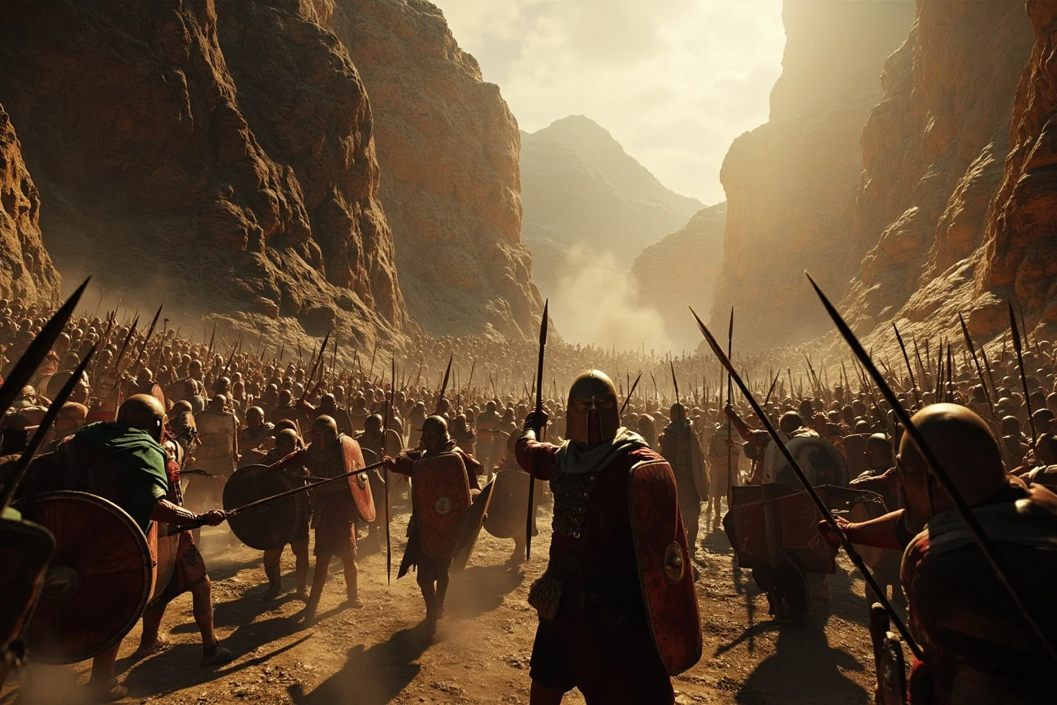 25 Captivating Facts About the Persian Empire 19 An intense ancient battlefield scene with shields and spears clashing at a narrow mountain pass