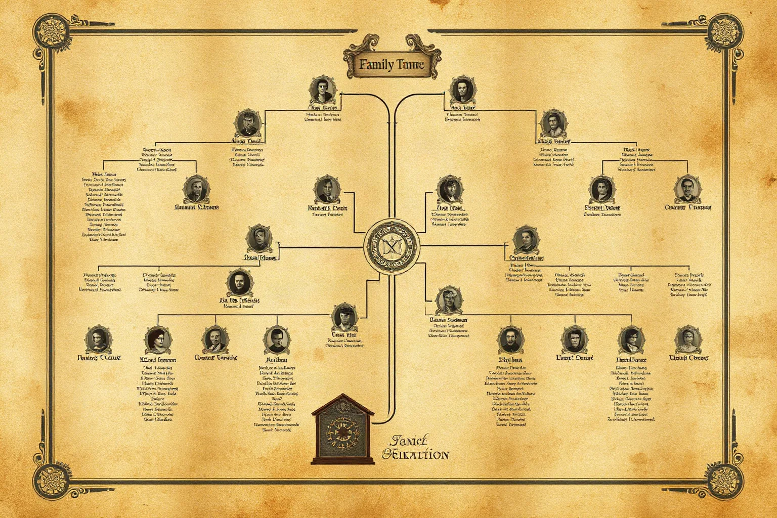 An intricate genealogical family tree chart with old parchment texture