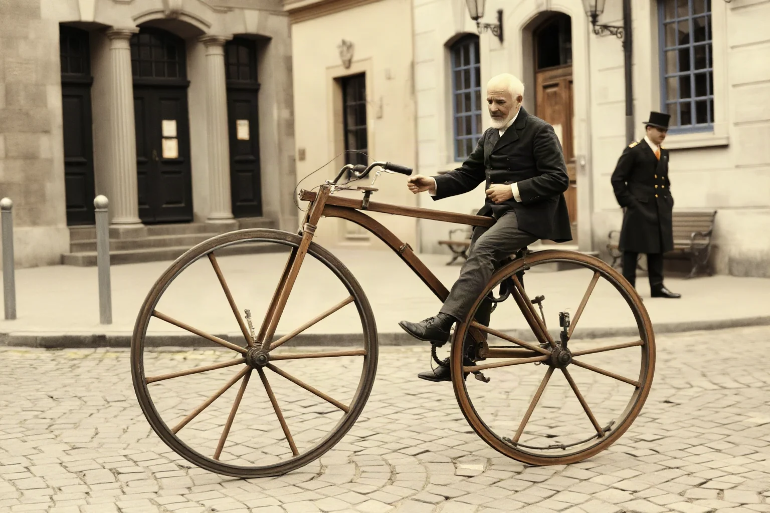 An inventor demonstrating an early wooden two-wheeled walking bicycle on a cobblestone street, early 19th-century European setting