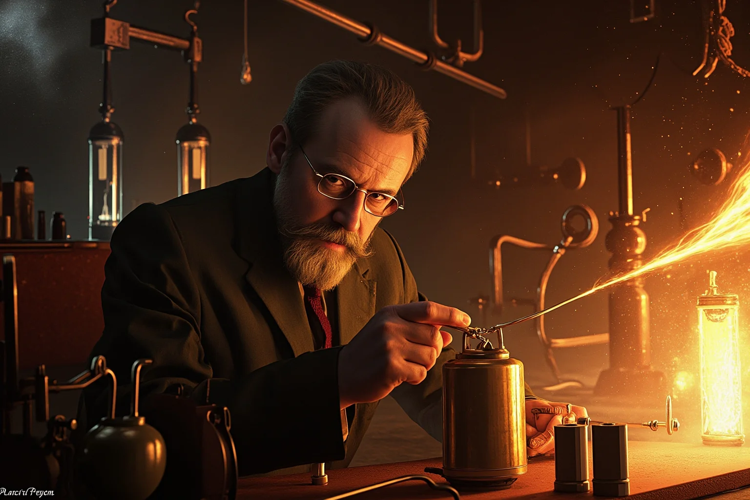 Most Interesting People in History: 22 Figures Who Shaped the World 10 An inventor in a 19th-century laboratory surrounded by glowing coils and electrical arcs, dramatic painted style