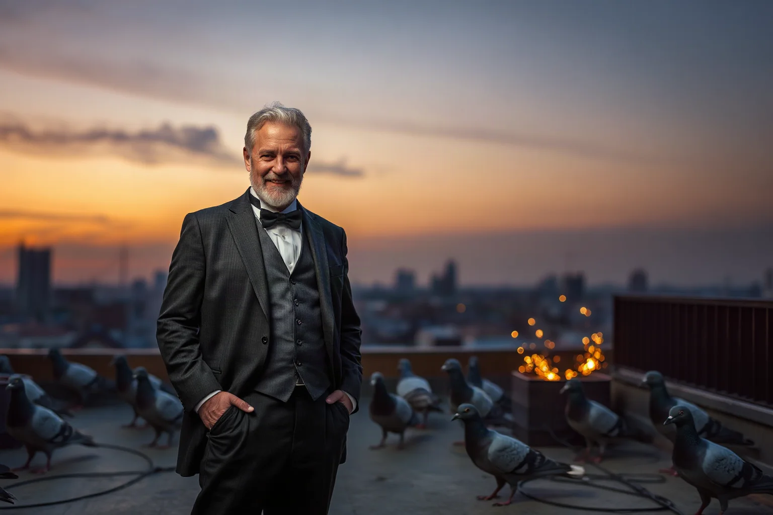 An inventor in a formal suit standing on a city rooftop at dusk, surrounded by pigeons, with faint electrical sparks in the background
