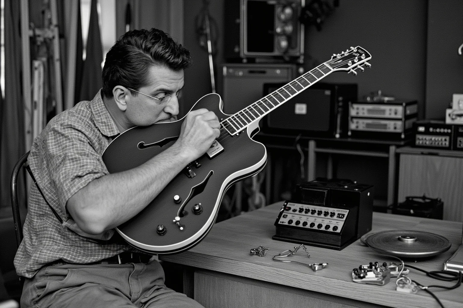 An inventor-musician in a mid-century workshop, surrounded by guitar parts and recording equipment, tinkering with a solid-body guitar prototype