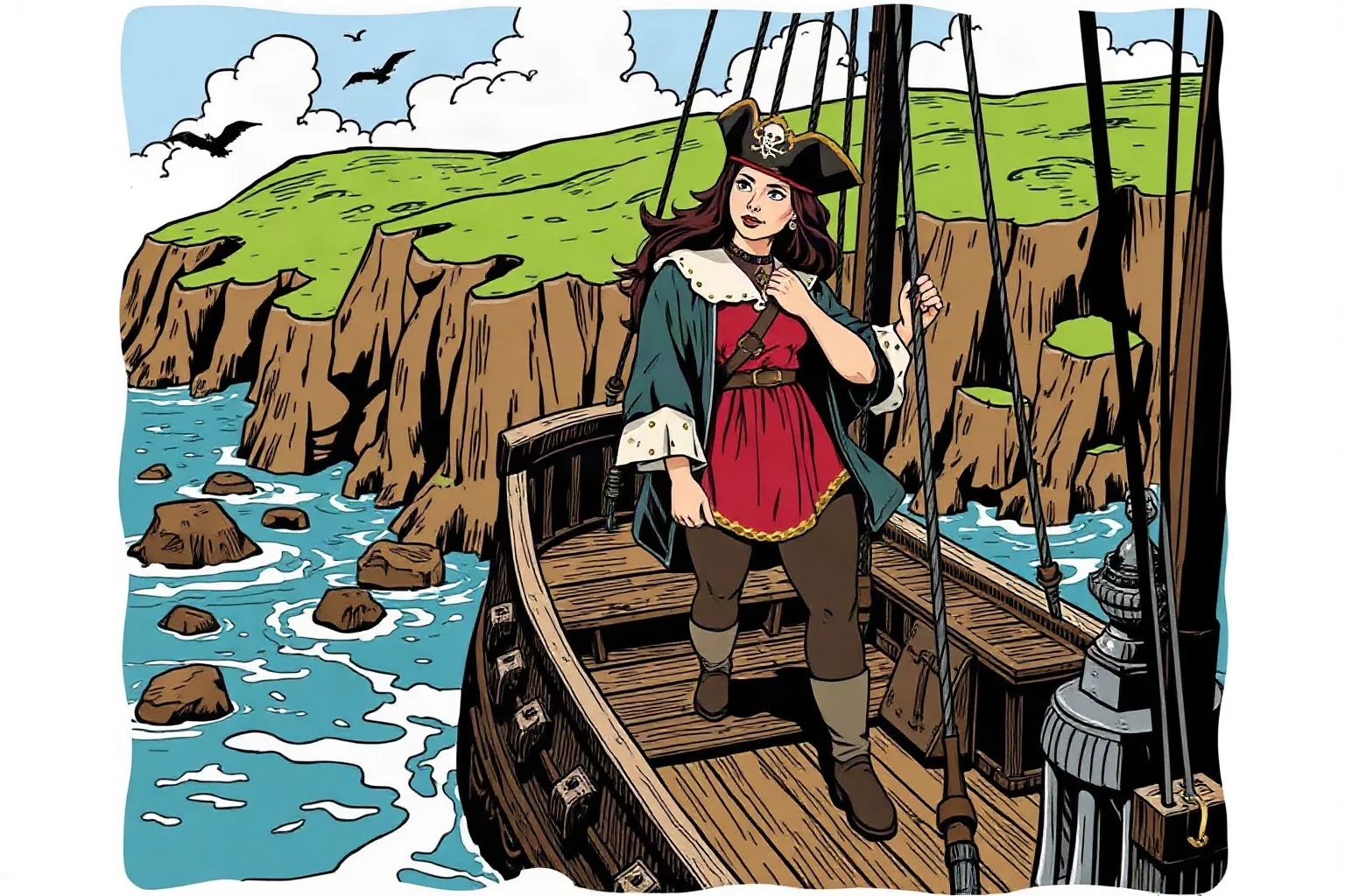 An Irish pirate queen standing on the deck of a wooden ship along a rocky coastline, historical illustration