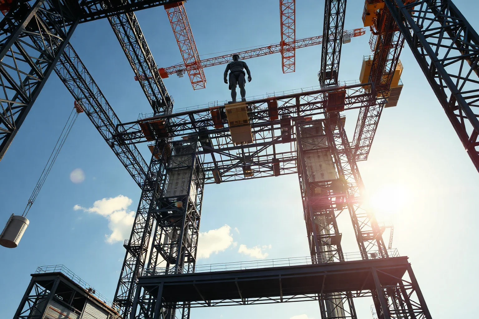 An iron lattice framework skeleton inside a giant statue under construction, engineering illustration style