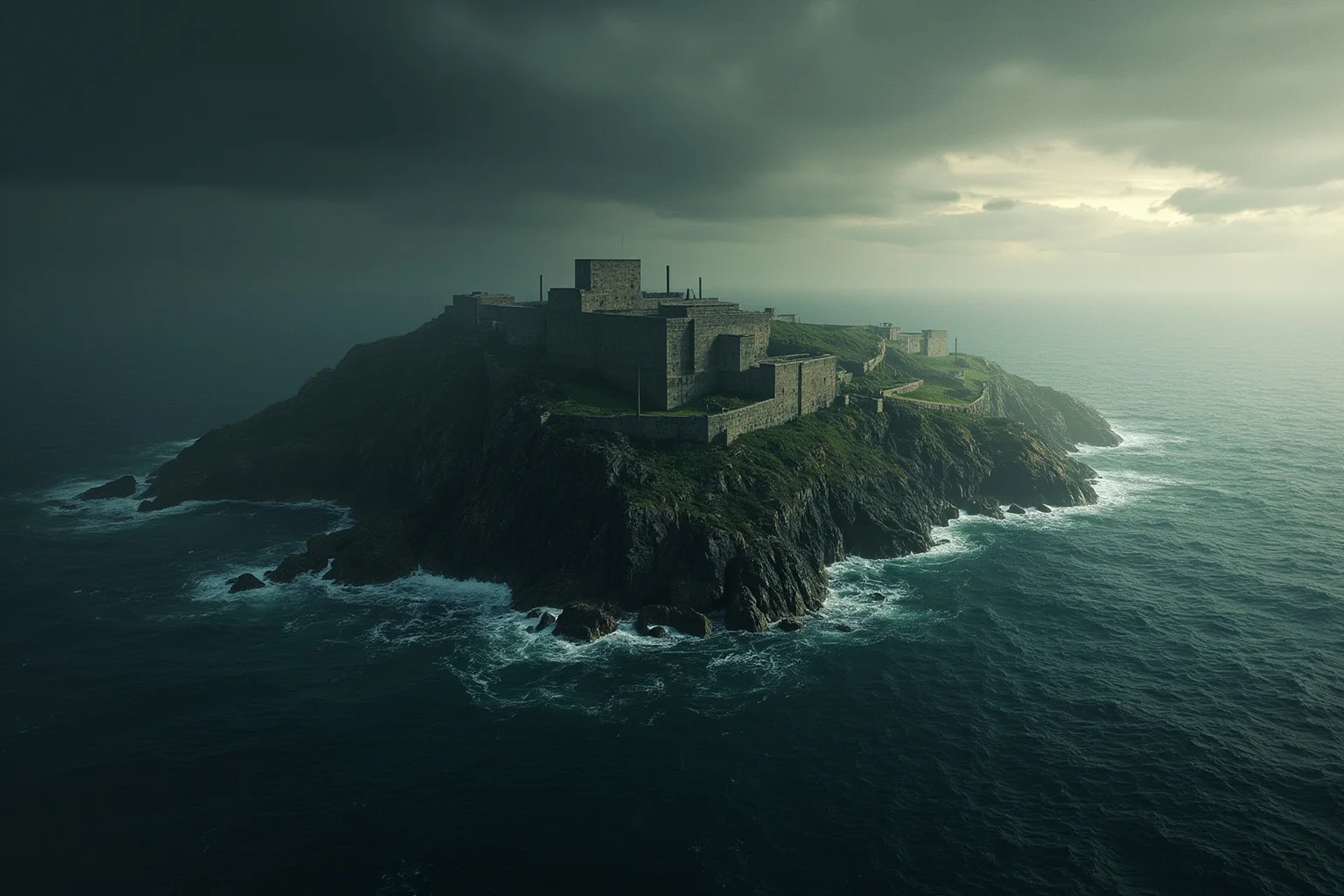An isolated rocky island prison surrounded by ocean under a heavy sky, representing a remote 19th-century penal colony, atmospheric painting style