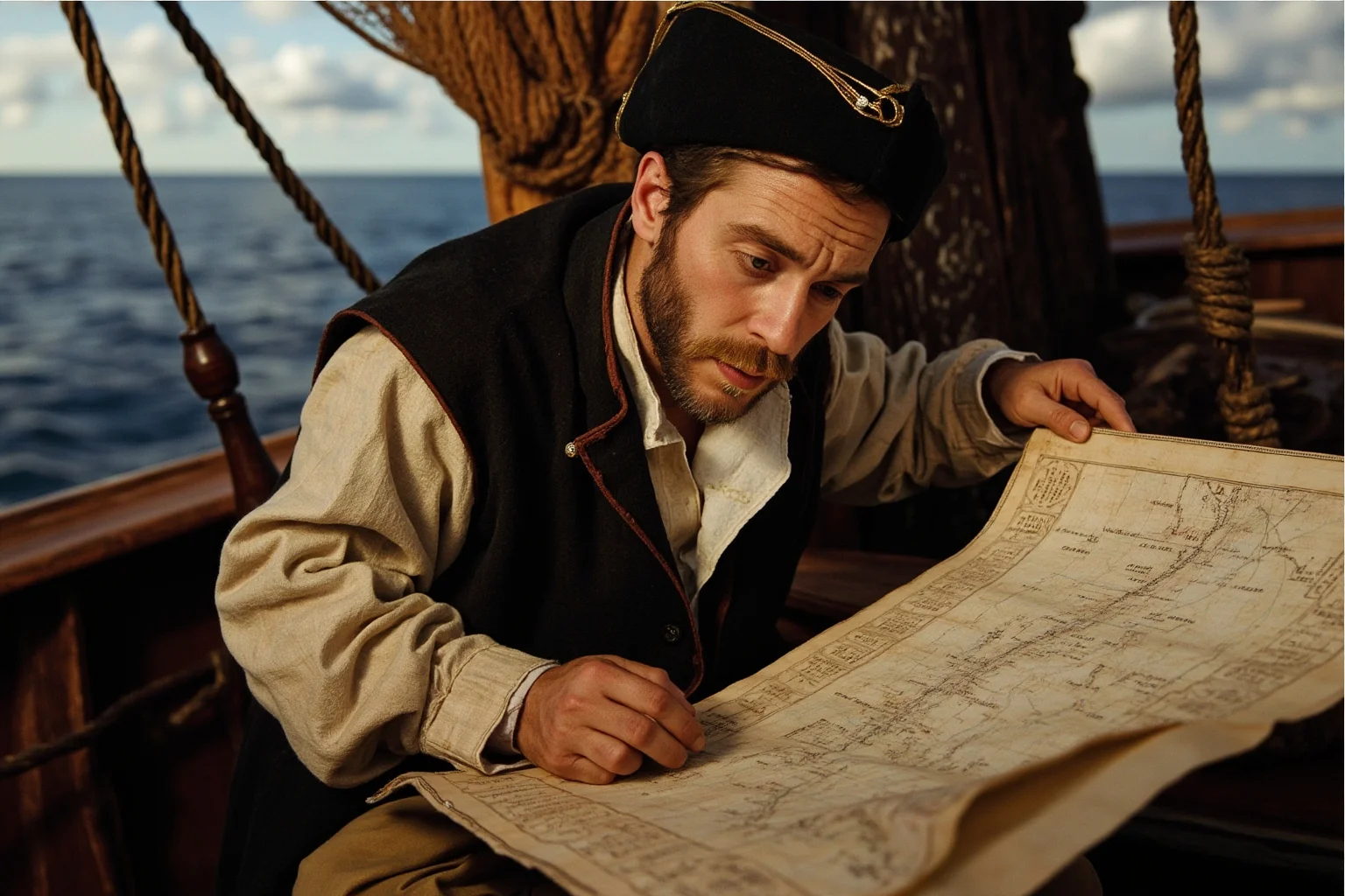 An Italian explorer studying a hand-drawn map aboard a wooden sailing ship
